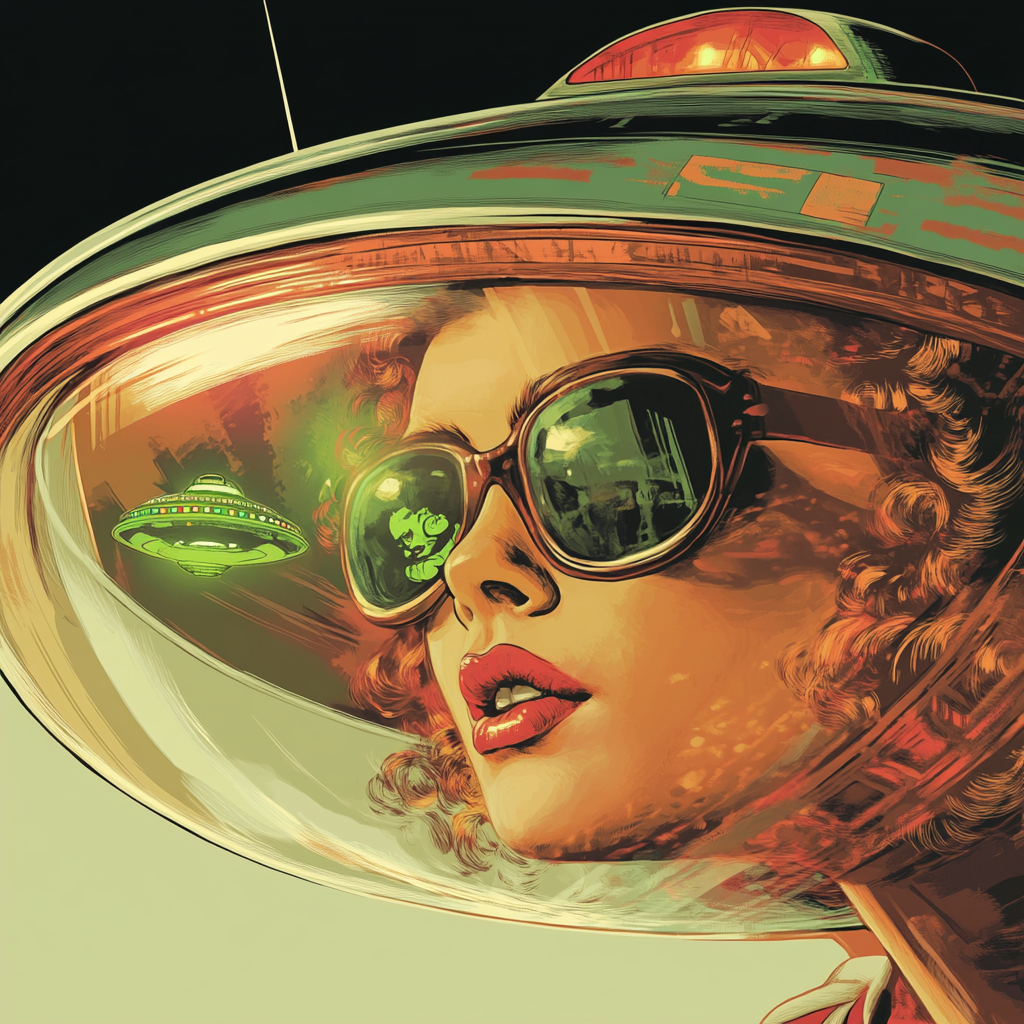 Retro Space Woman With Reflected UFO