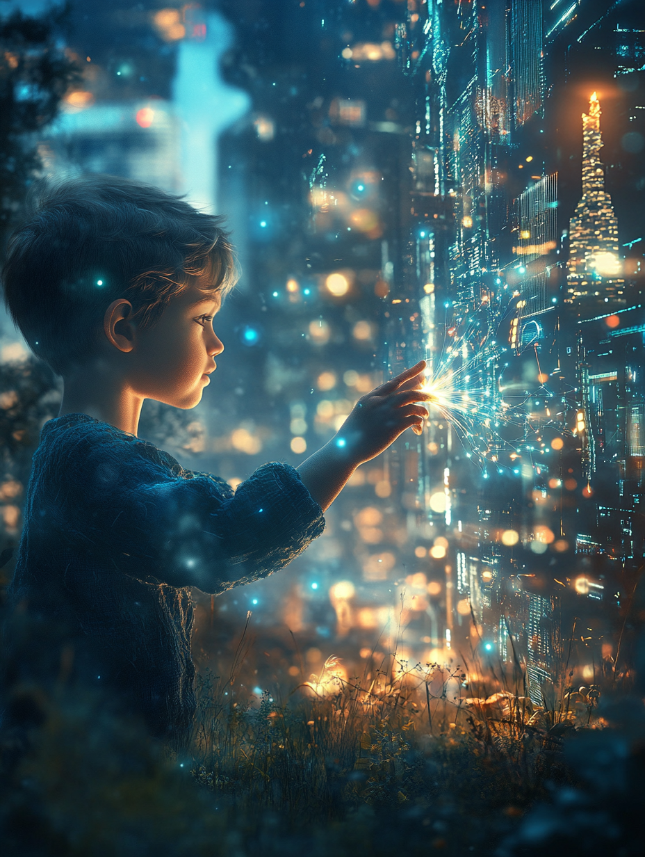 Boy Touching Glowing Futuristic City