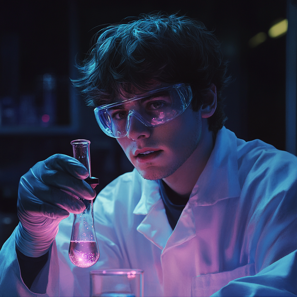 Young Scientist Examining Glowing Test Tube