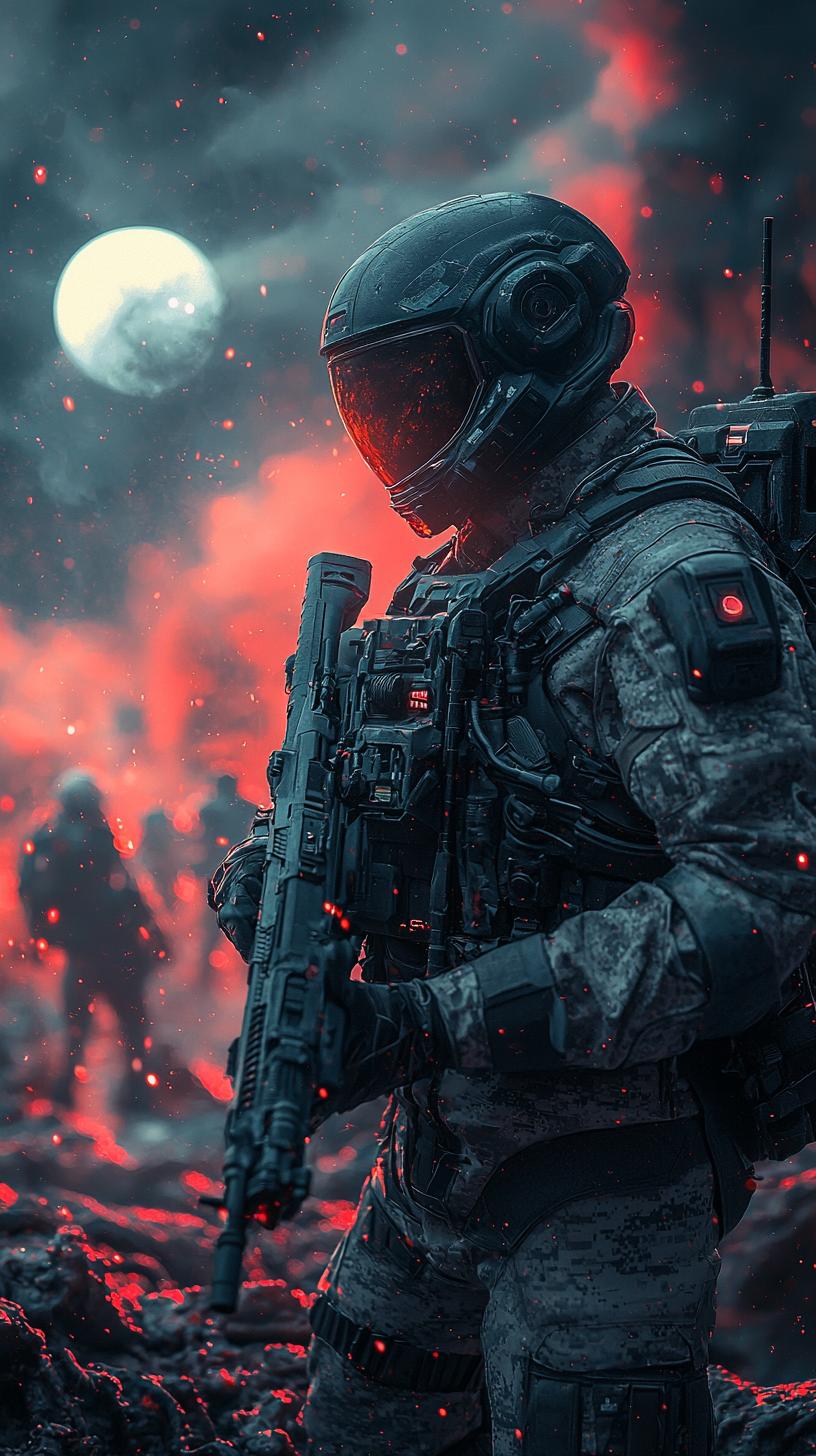 Futuristic Soldier on Battlefield