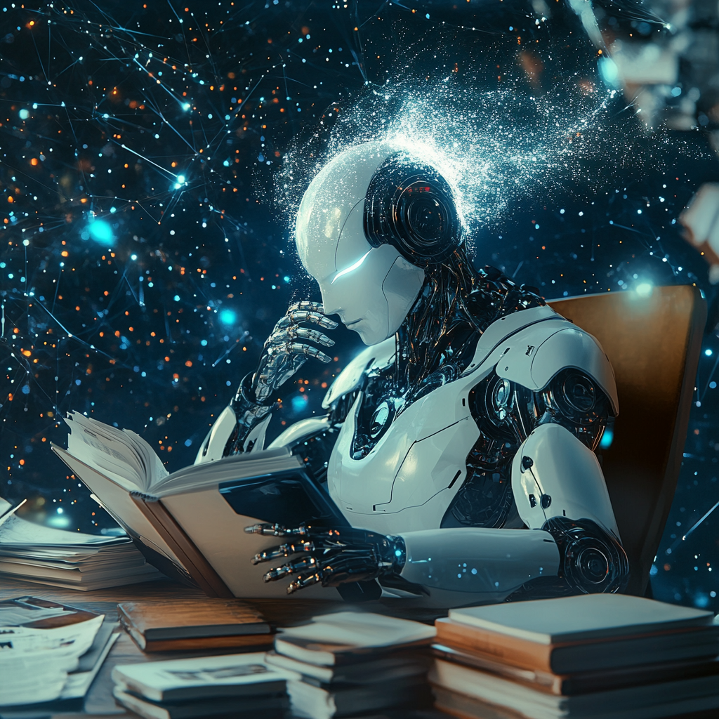 Humanoid Robot Reading Open Book