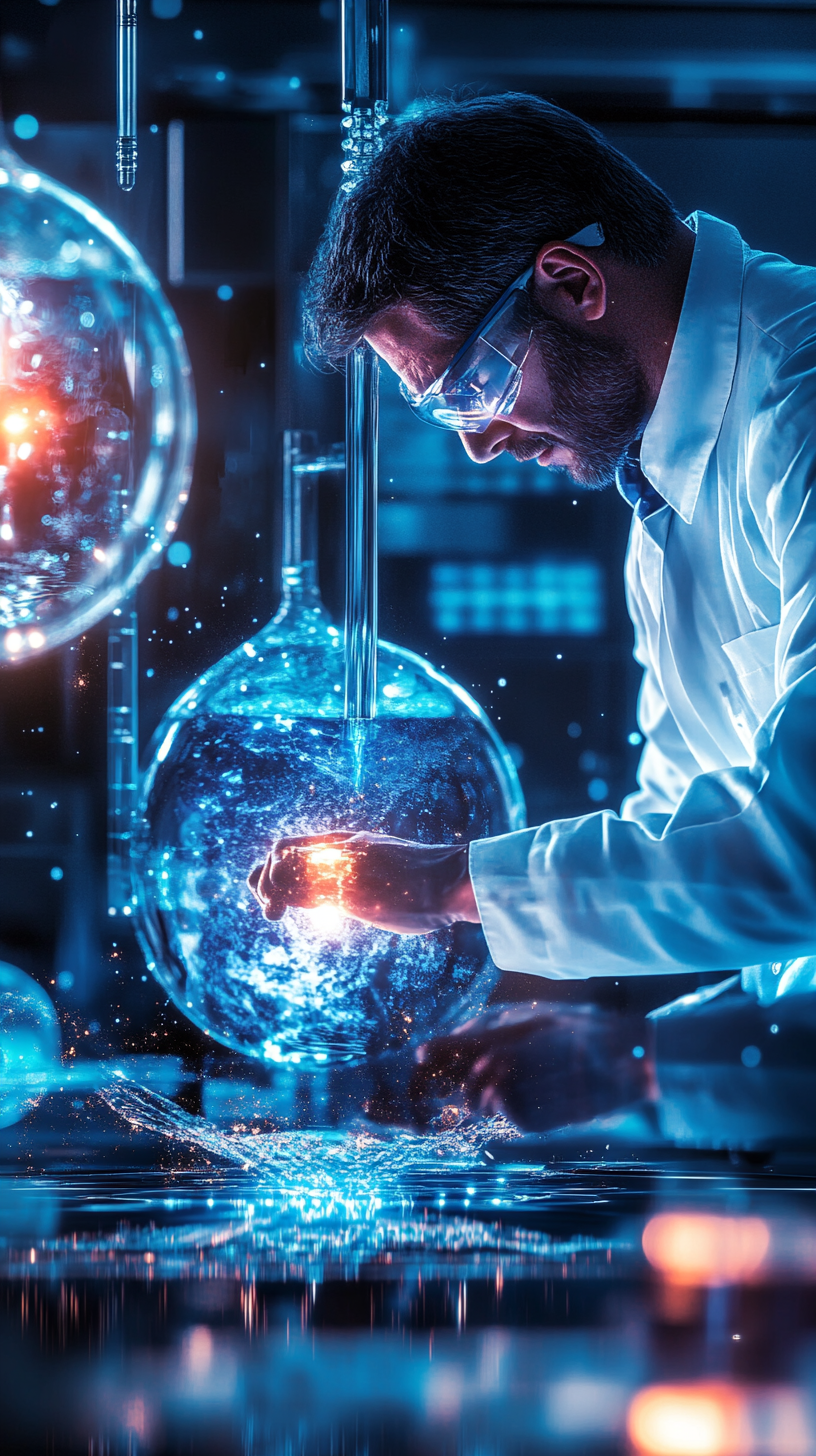 Scientist Working on Glowing Lab Experiment