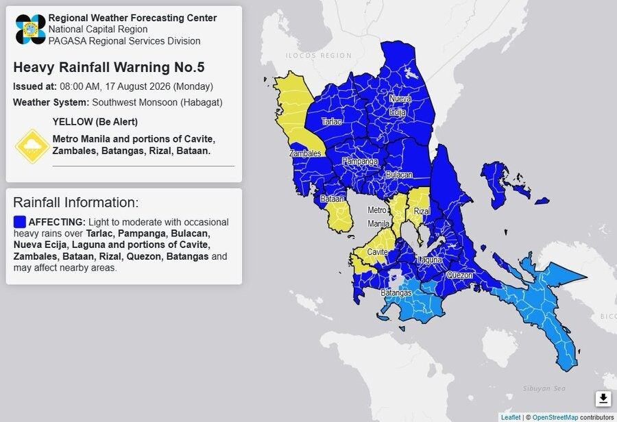 RAINFALL ALERT: Yellow up over Metro Manila, 5 Luzon areas (Monday, 8 am)