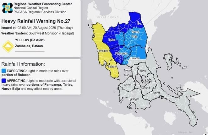 RAINFALL ALERT: Yellow in Zambales and Bataan (Thursday, 2 am)