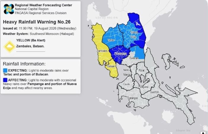 RAINFALL ALERT: Yellow in Zambales and Bataan (Wednesday, 11 pm)