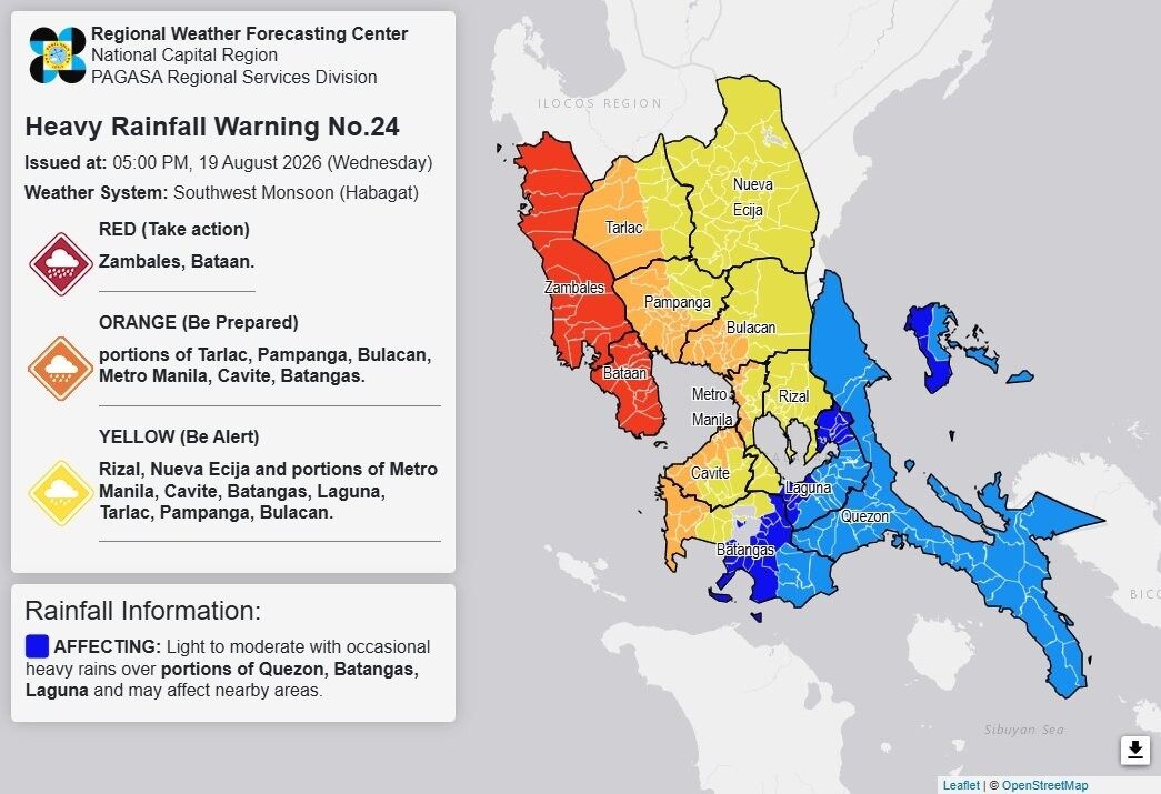 RAINFALL ALERT: Red in Bataan, Zambales; orange in Metro Manila, nearby areas (Wednesday, 5 pm)