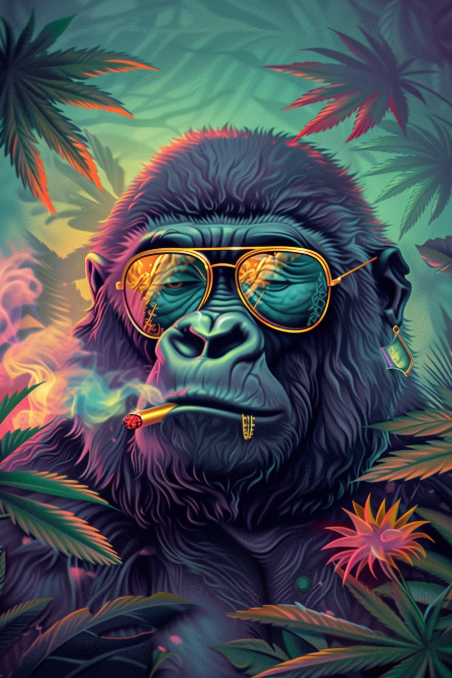 Chill Smoking Gorilla in Cannabis Foliage