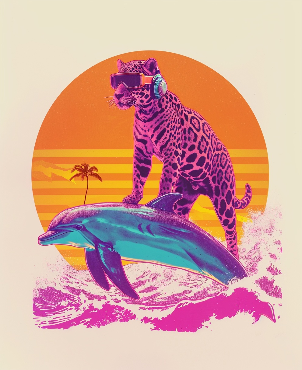 Retro Jaguar Riding Dolphin at Sunset