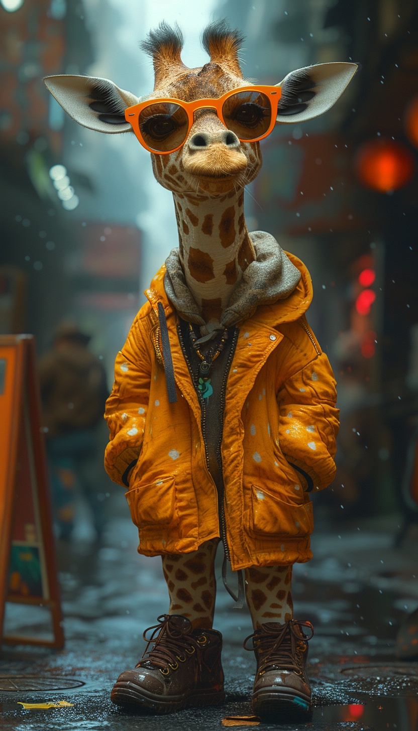 Stylish Dressed Giraffe on Rainy Street — Illustrations