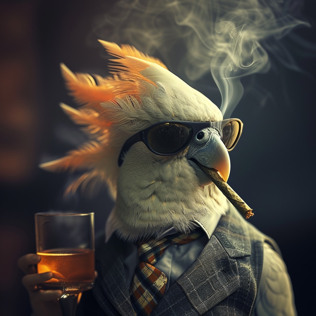 Dapper Cockatiel with Cigar and Drink — Pets