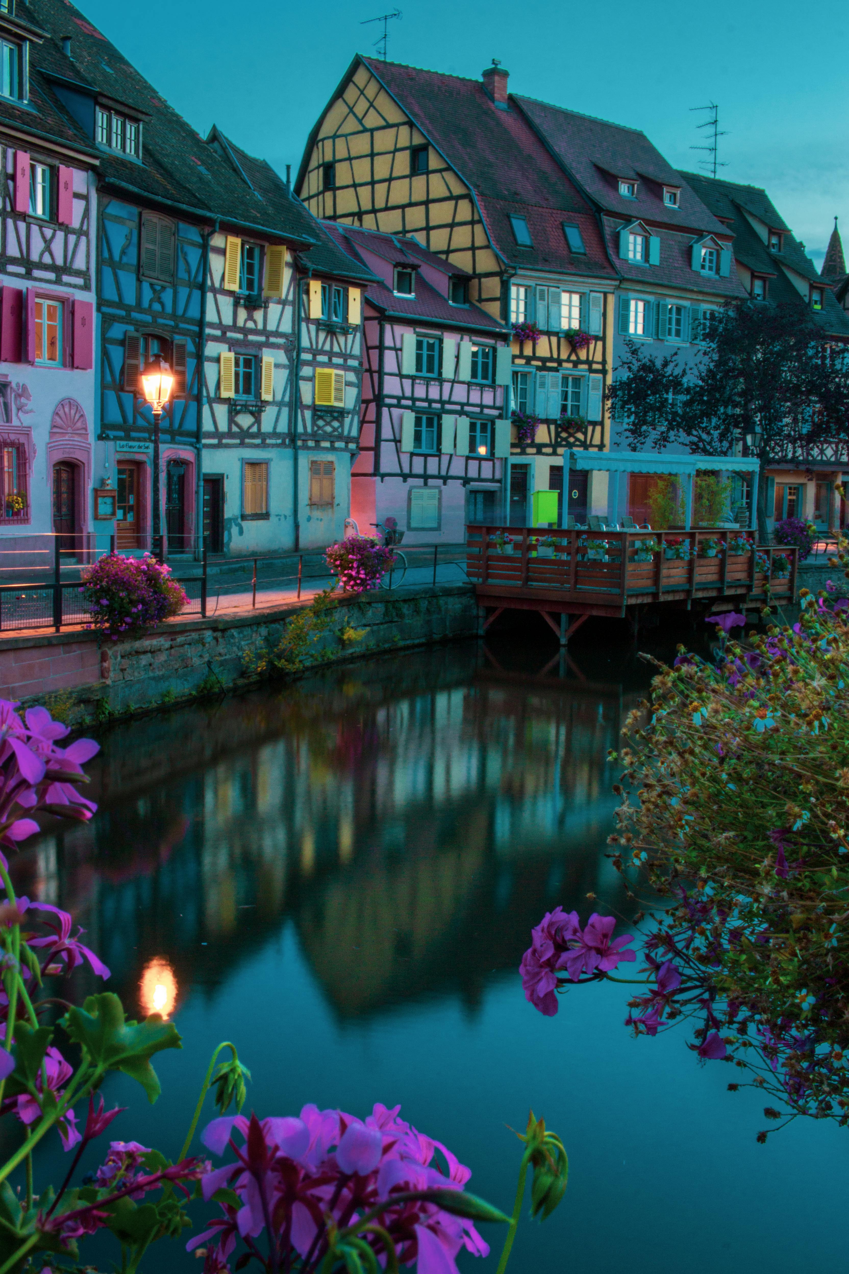 Colorful Canal Town at Dusk