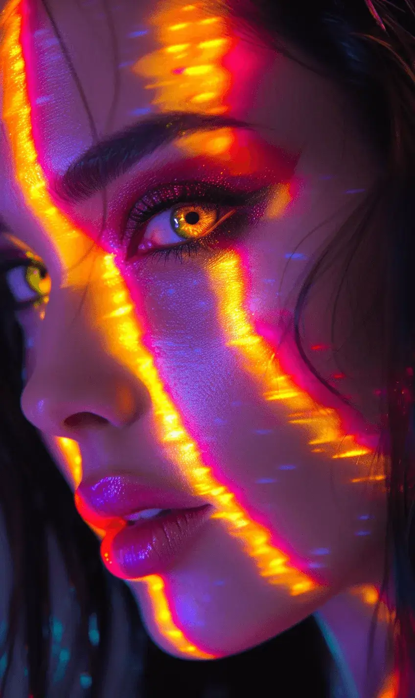 Neon Lit Close-up of Woman's Face