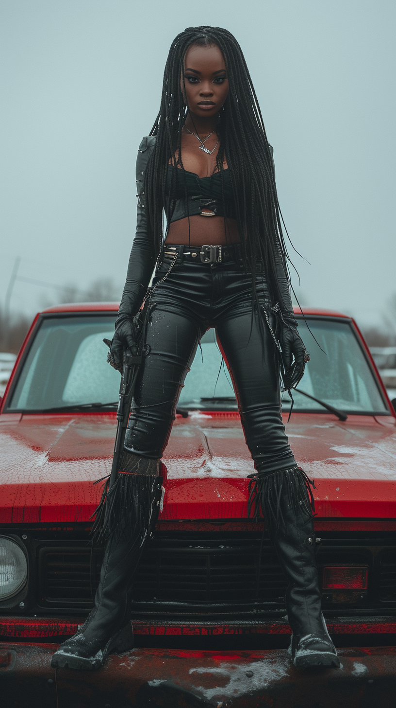 Armed Woman on Red Pickup Truck