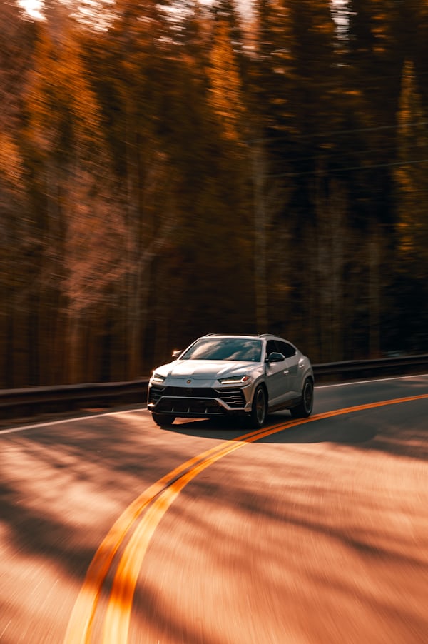 Silver Luxury SUV Driving on Winding Forest Road