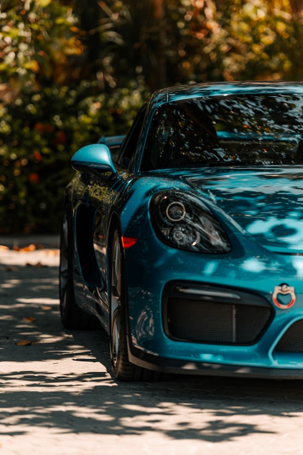 Teal Porsche Sports Car Under Trees