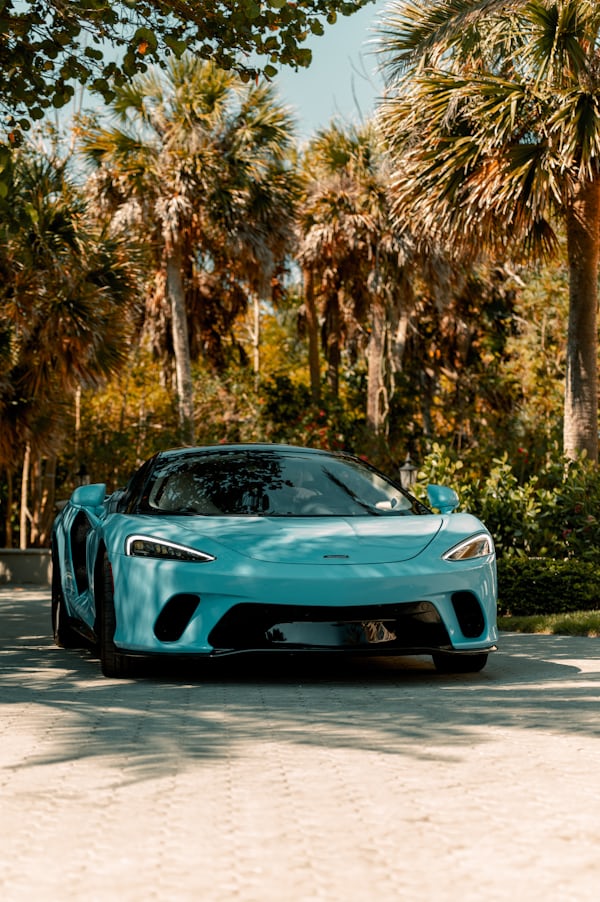 Light Blue Sports Car Among Palm Trees