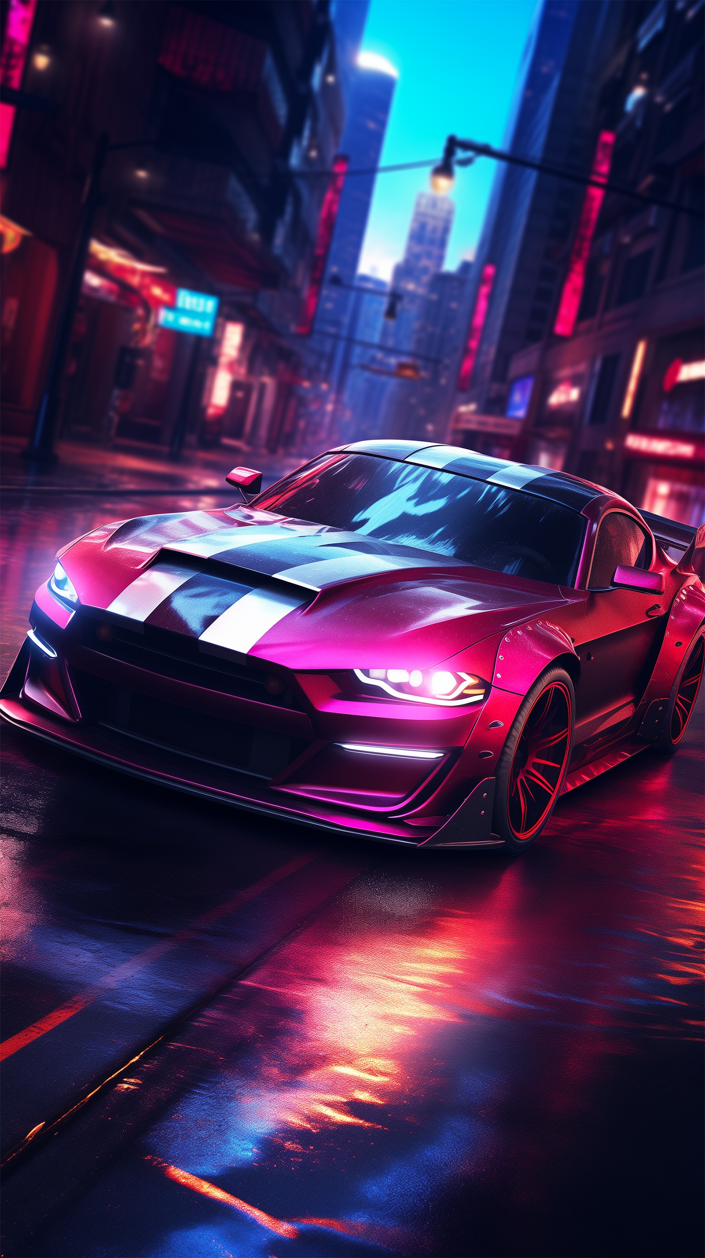 Sports Car on Neon Night City Street