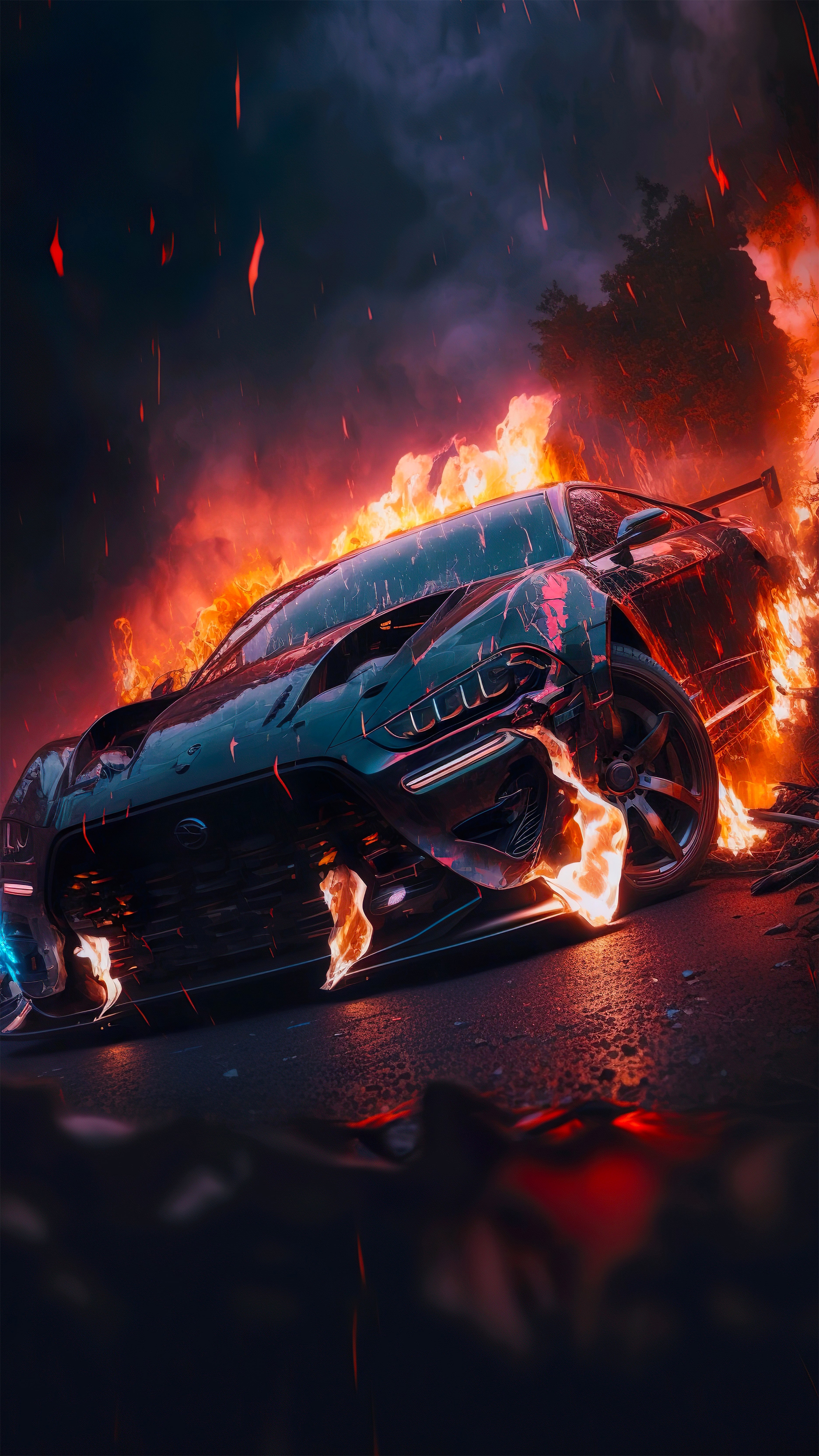 Wrecked Sports Car Engulfed in Flames