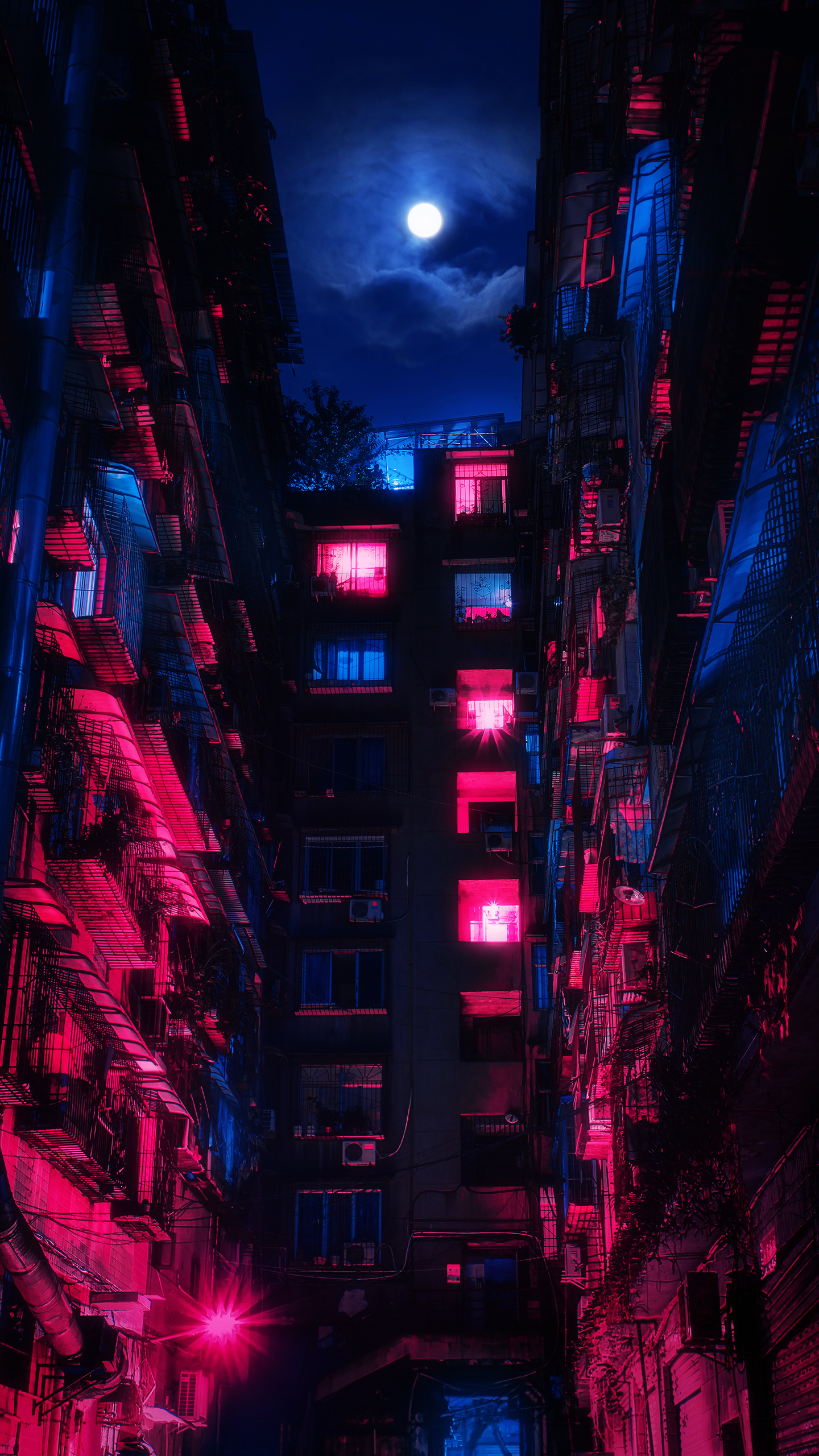 Full Moon Over Night Residential Alley