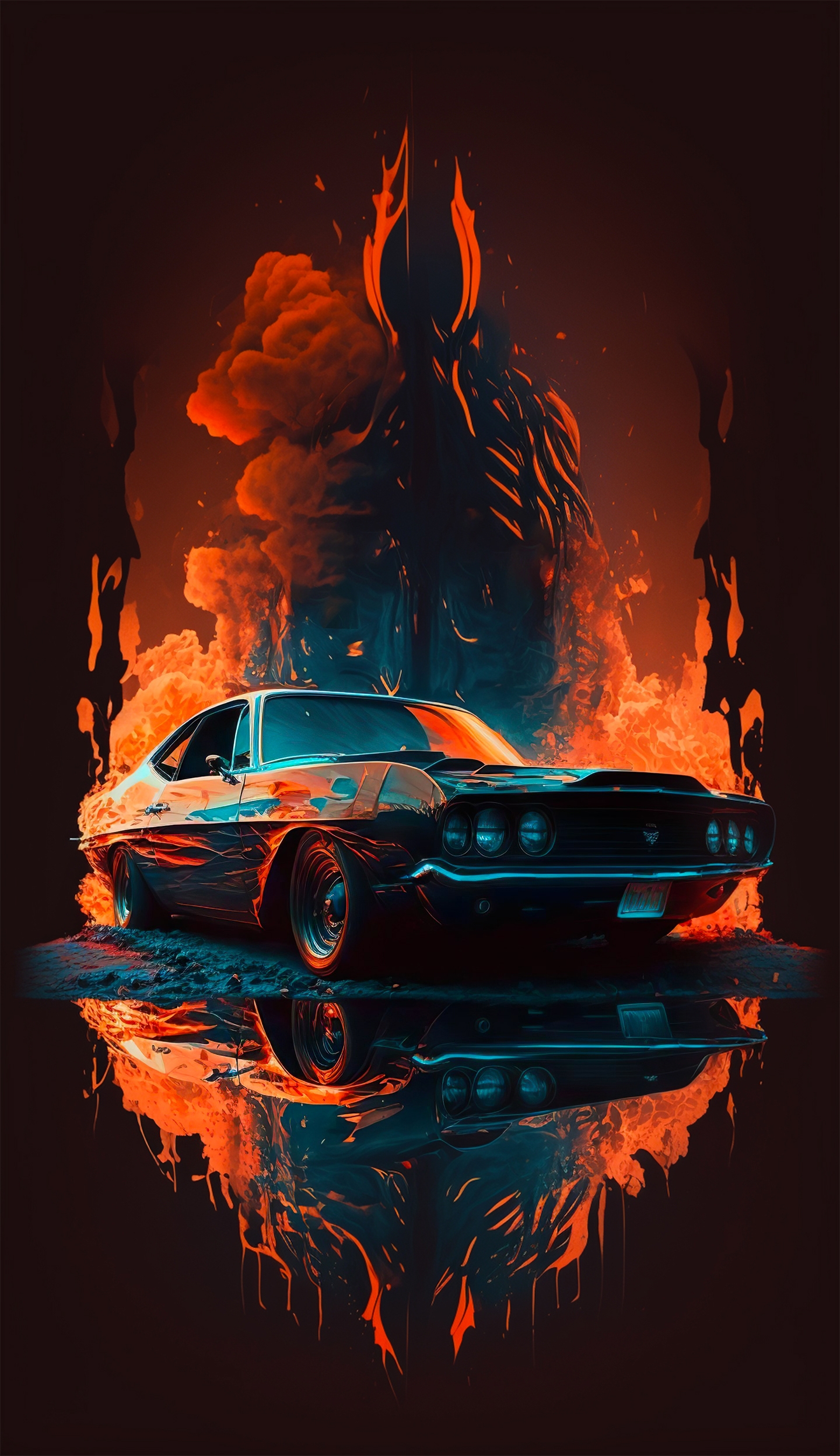 Vintage Muscle Car with Fiery Silhouette