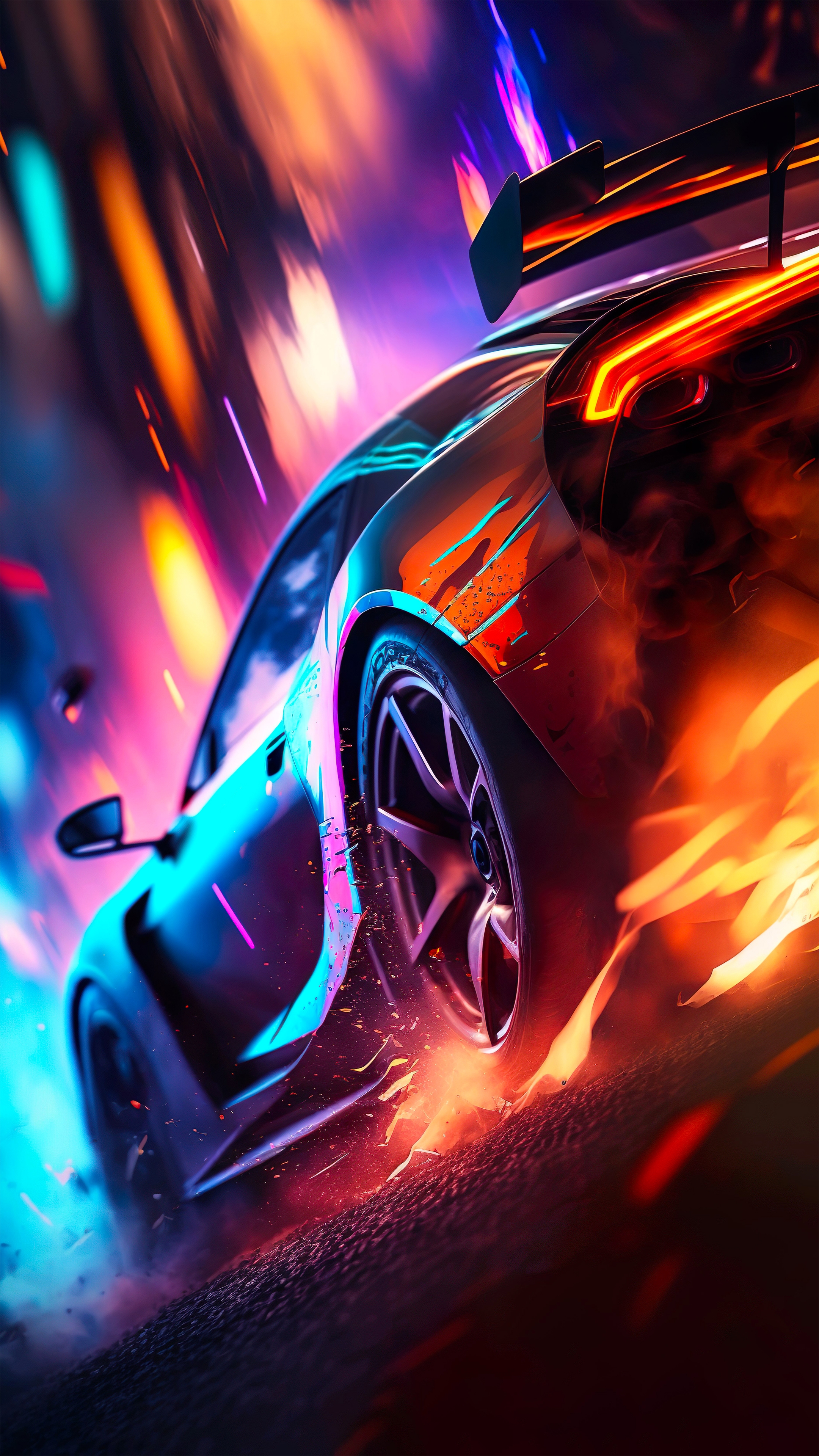 Neon Sports Car Drifting At Night