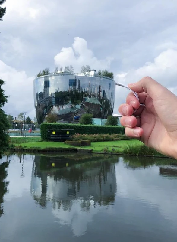 Optical Illusion of Hand Holding Mirror Building