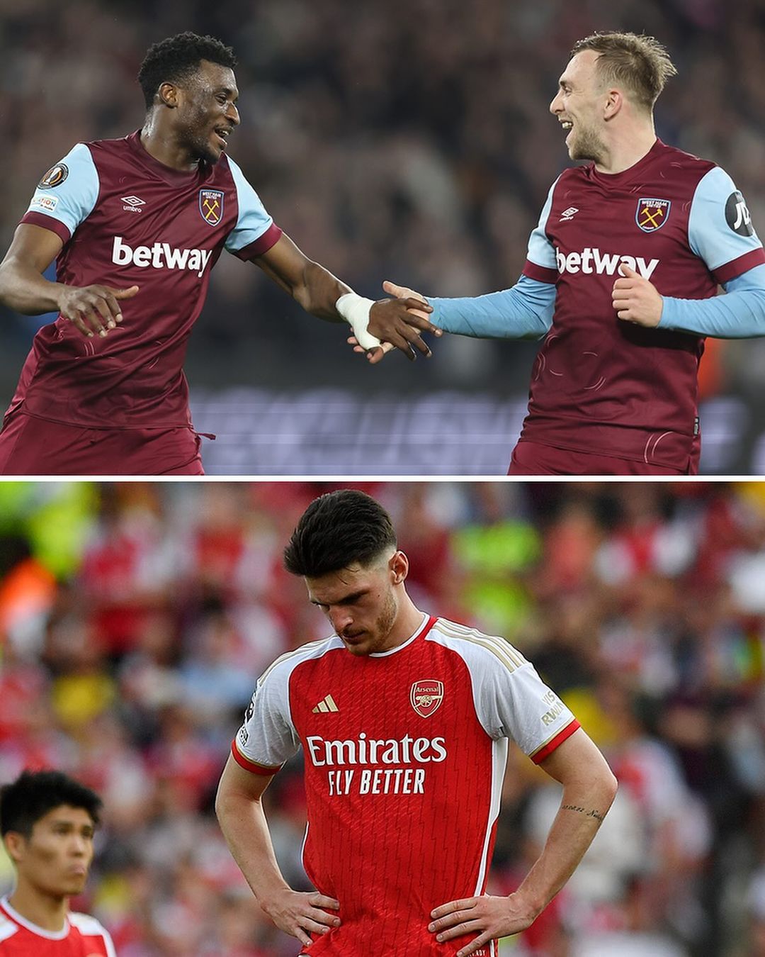 West Ham celebrate, Arsenal Rice dejected