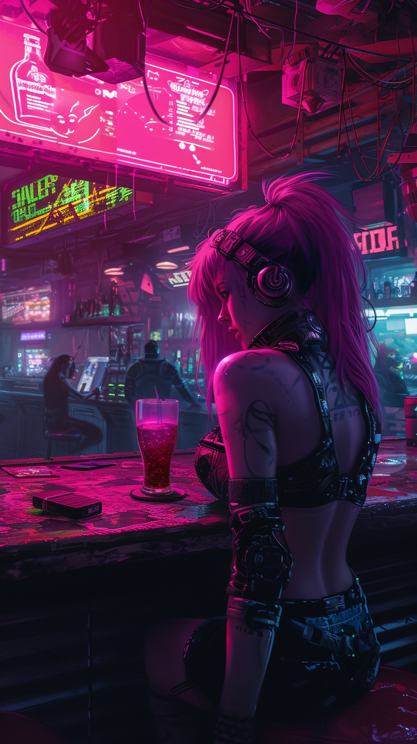 Cyberpunk Girl at Neon Bar — Images