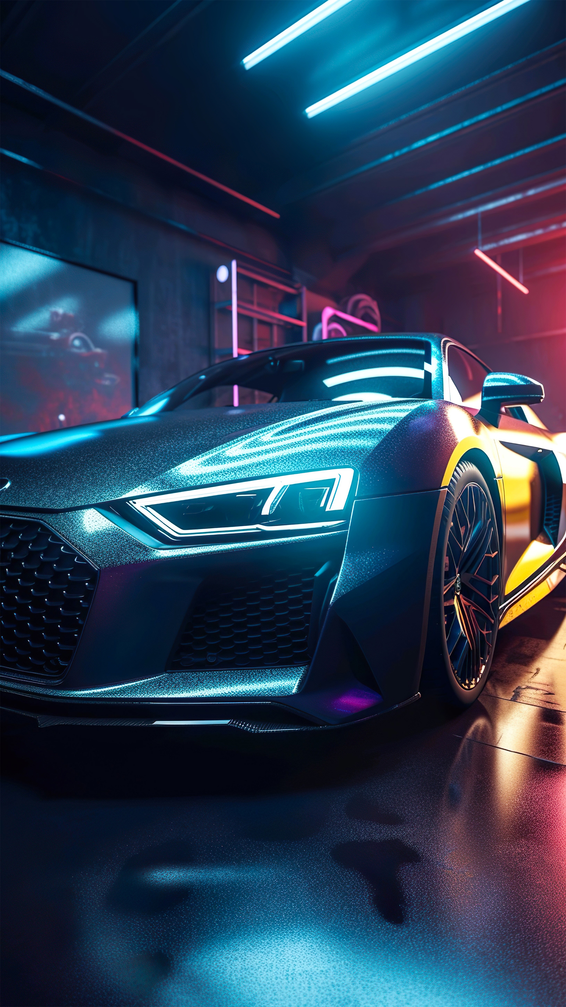 Neon Lit Black Sports Car in Garage