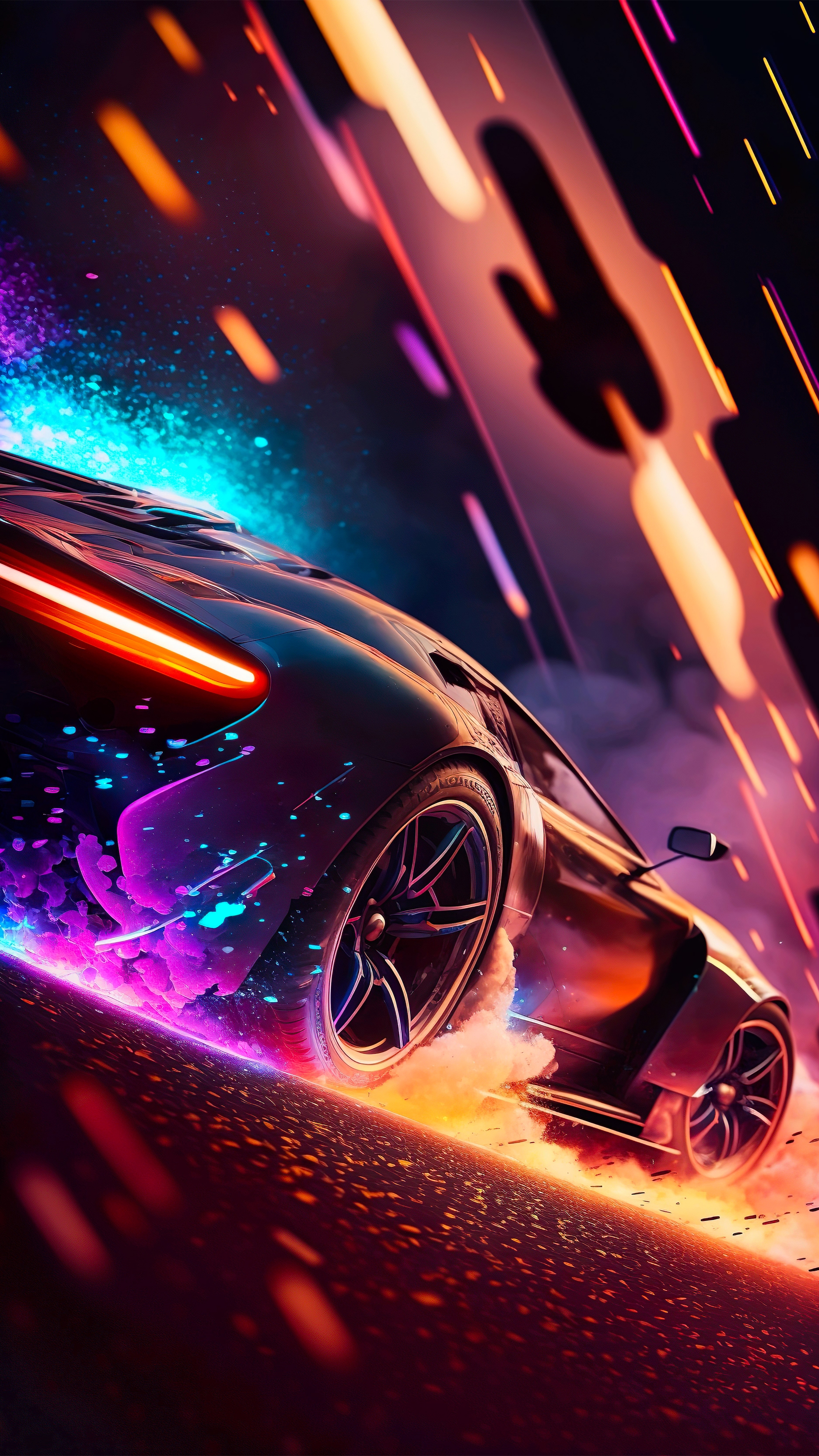 Neon Sports Car Drifting At Night