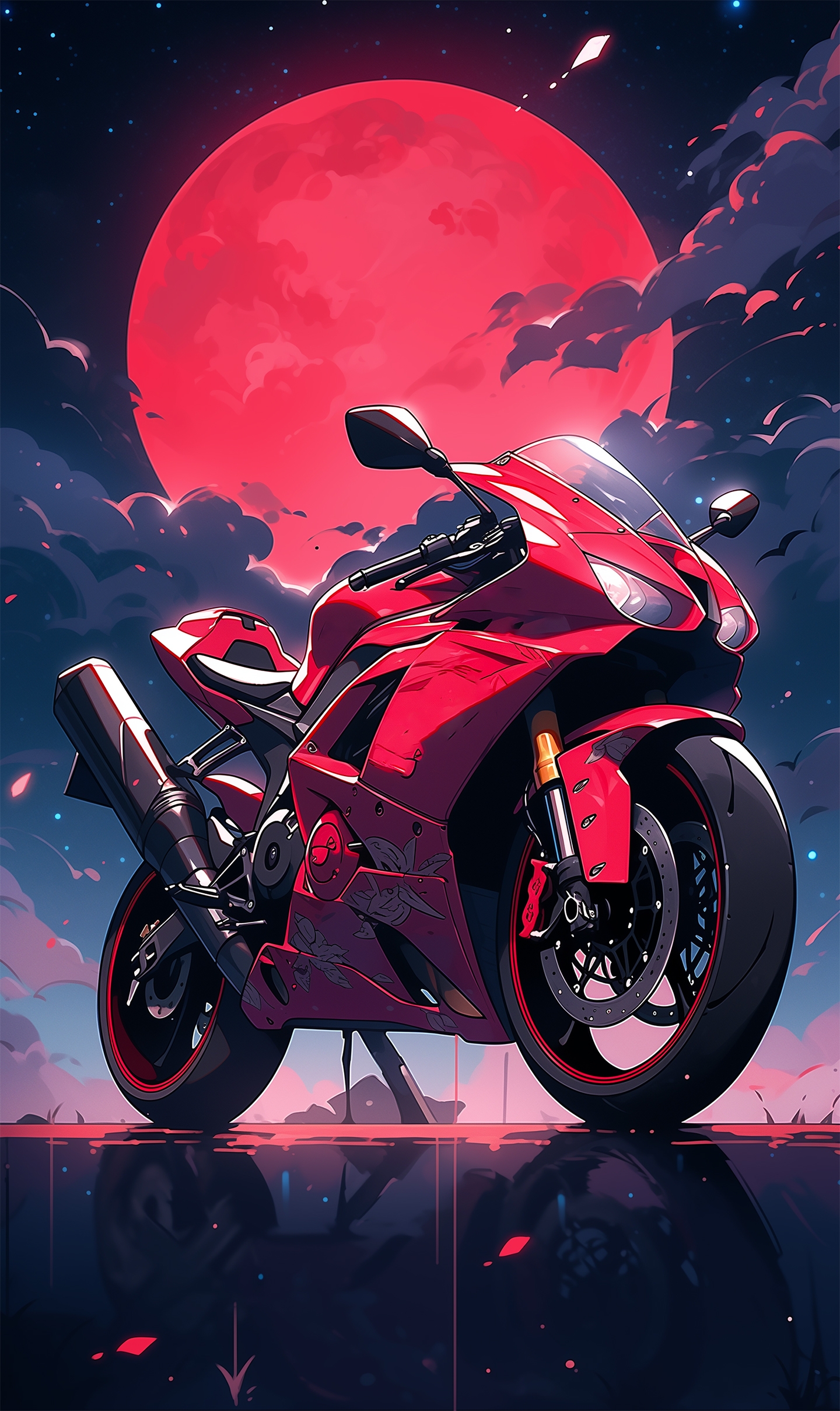 Red Sport Bike Under Red Full Moon