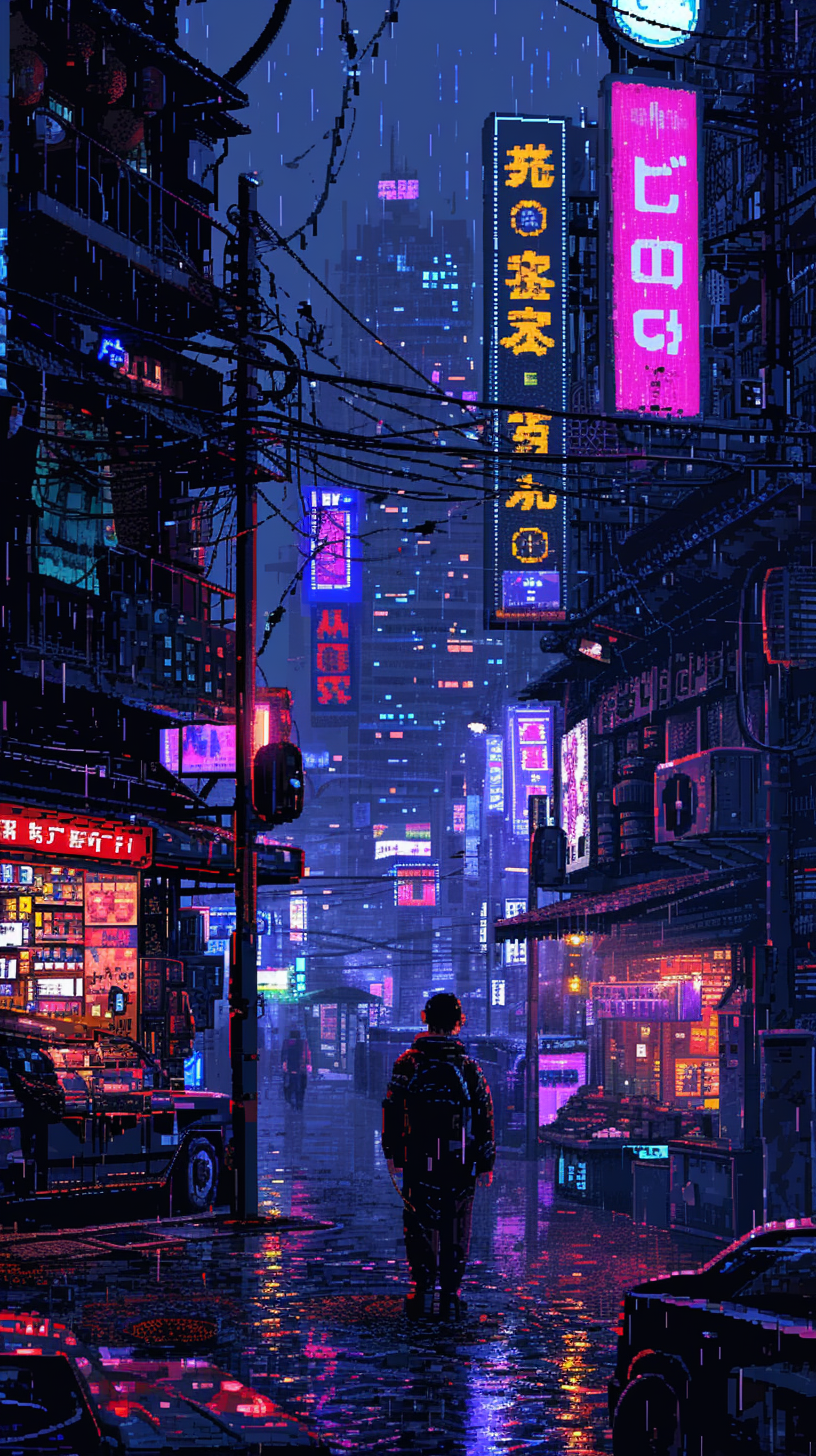 Rainy Cyberpunk Night City Street