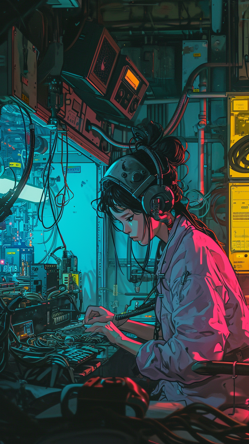 Cyberpunk Technician Working at Console