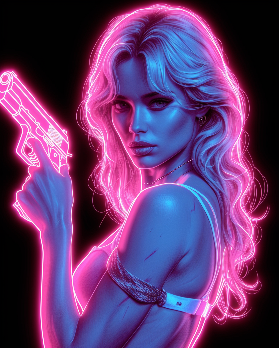 Neon Outlined Woman Holding Handgun