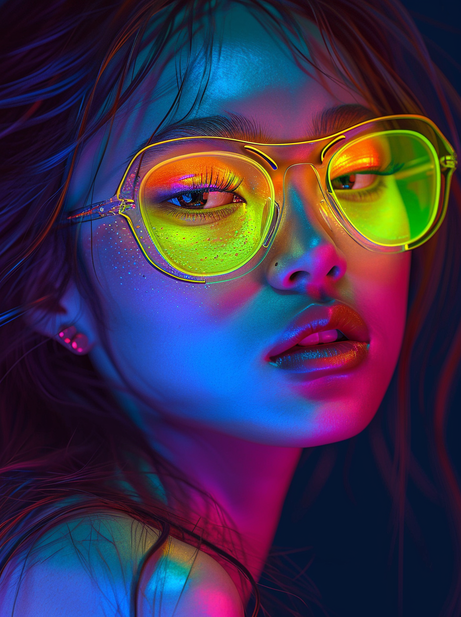 Neon Lit Portrait of Woman with Sunglasses