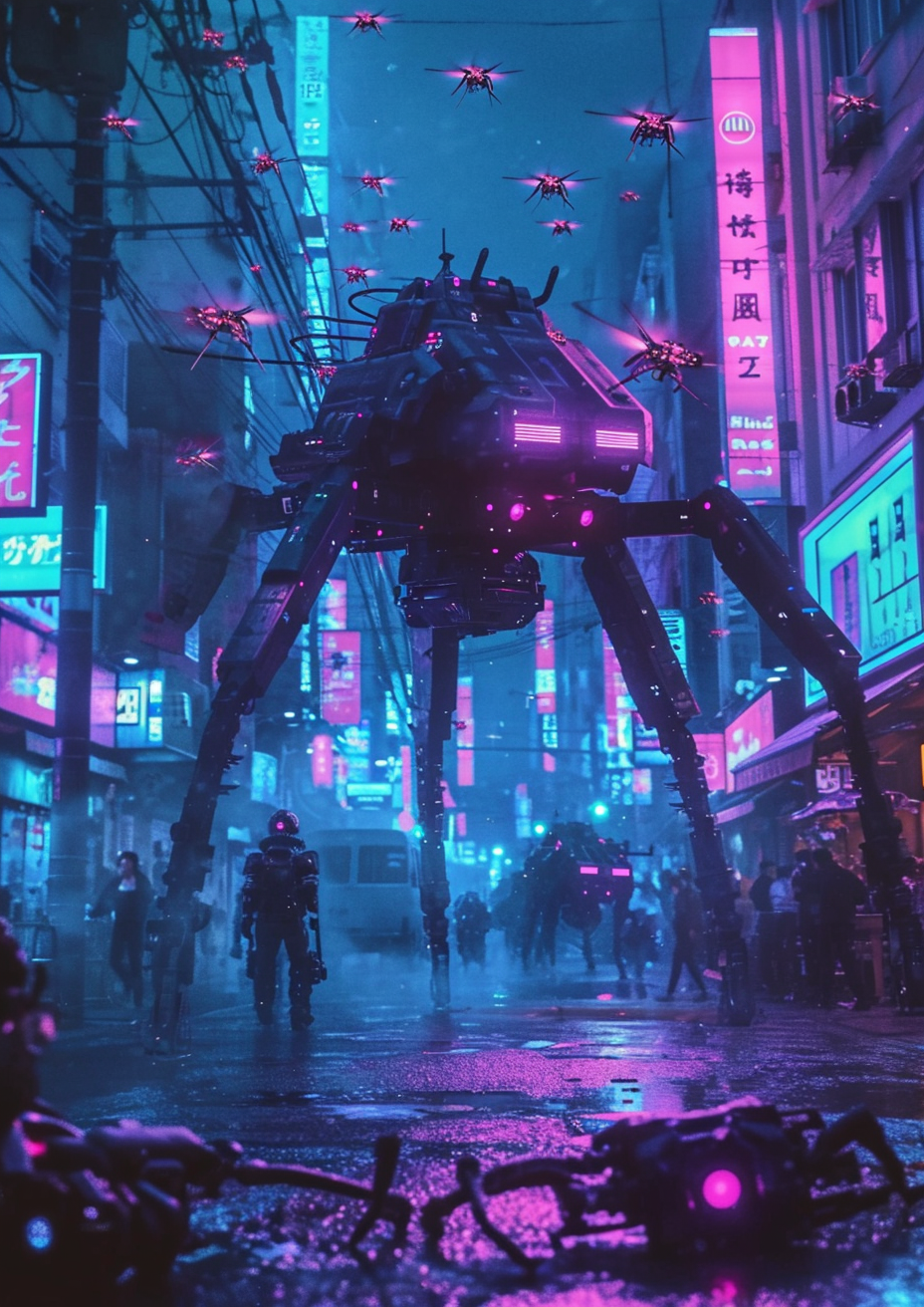 Giant Mech in Cyberpunk Neon City