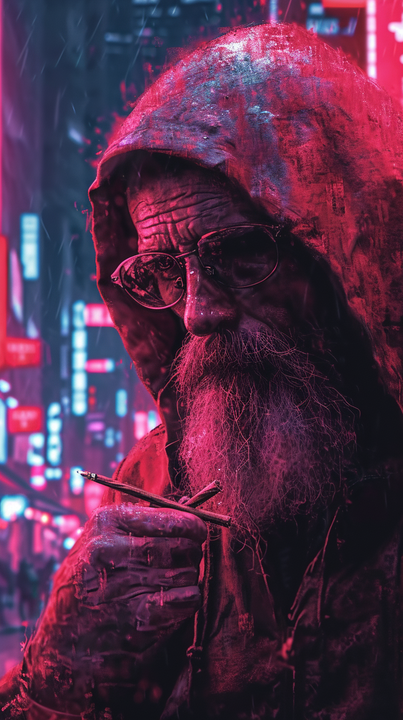 Elderly Man In Cyberpunk Neon City