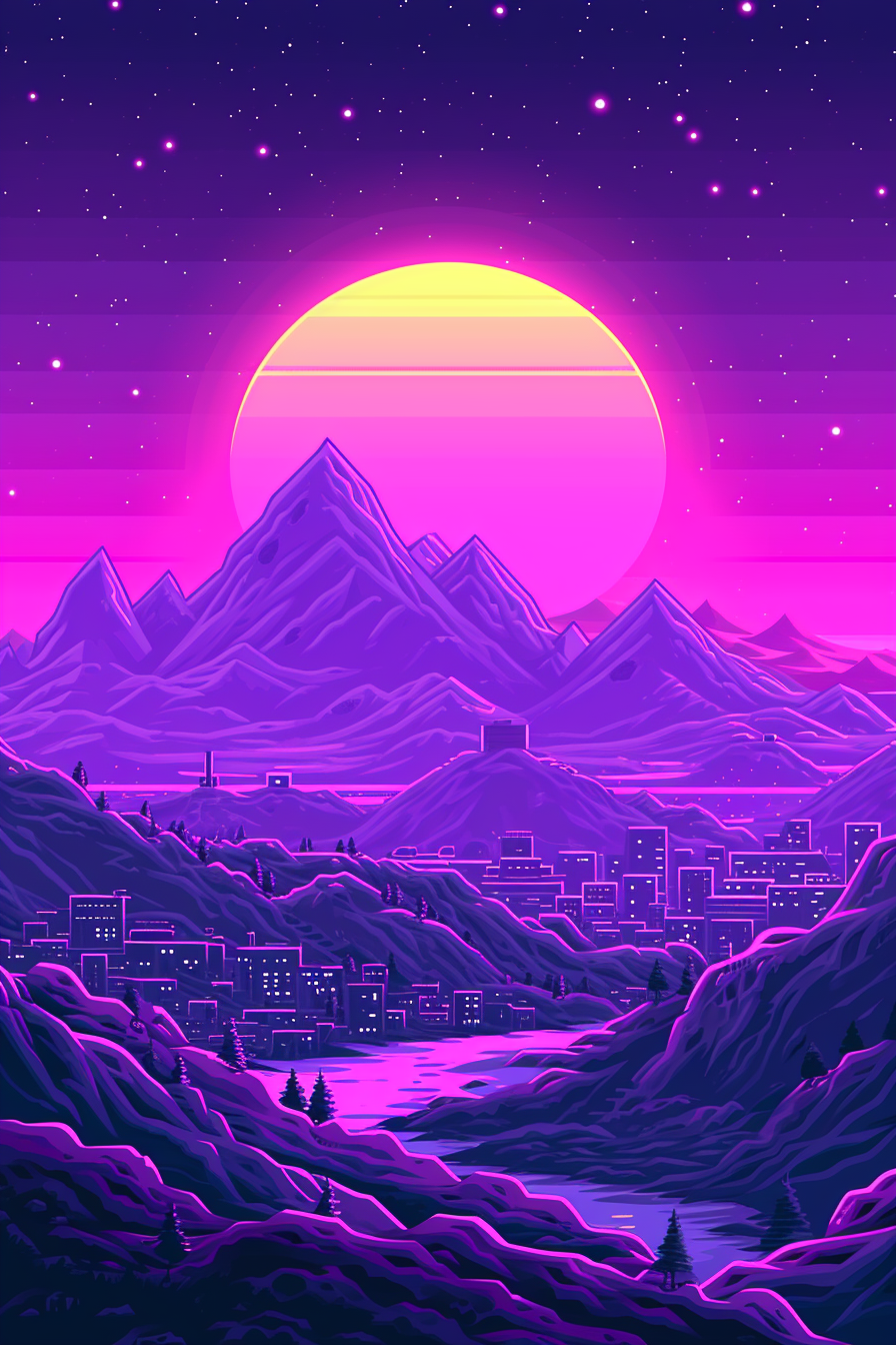 Synthwave Neon Mountain City Nightscape