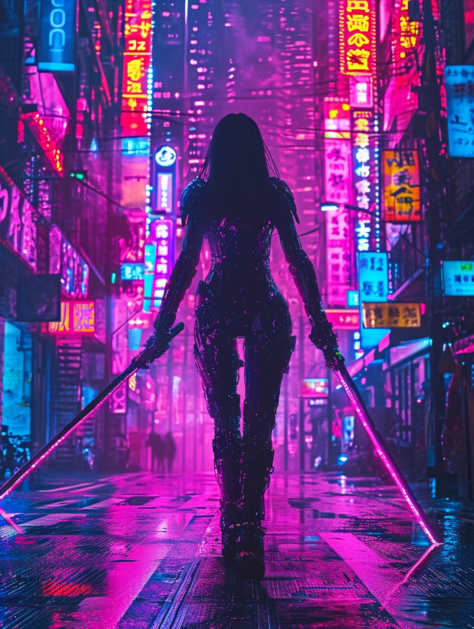 Cyberpunk Samurai in Neon City Street — Desktop Wallpapers