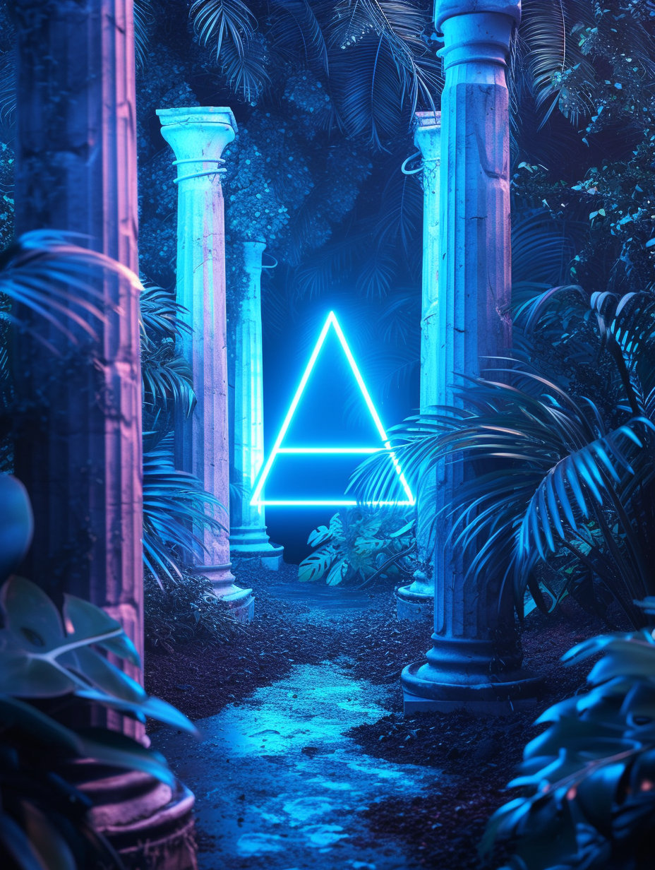 Neon Triangle Among Ancient Jungle Ruins