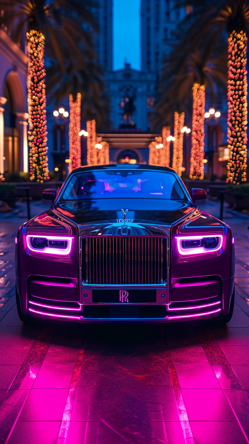 Neon-Lit Rolls-Royce at Night Entrance