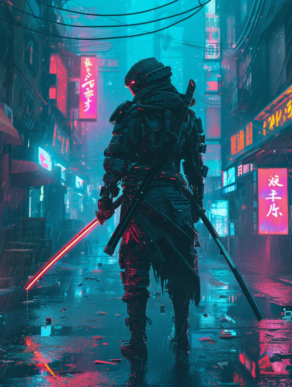 Cyberpunk Samurai in Neon Alley
