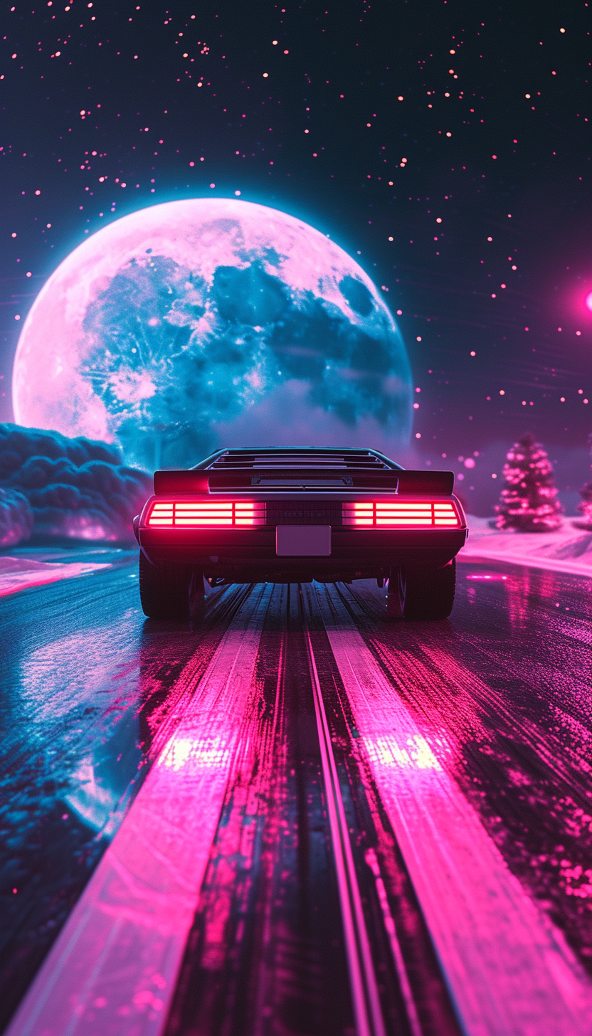 Retro Sports Car Under Neon Full Moon