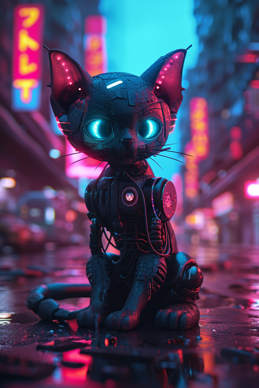 Cyberpunk Robot Cat on Neon Street