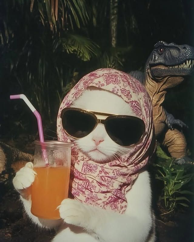 Cool Cat Holding Drink With Dinosaur