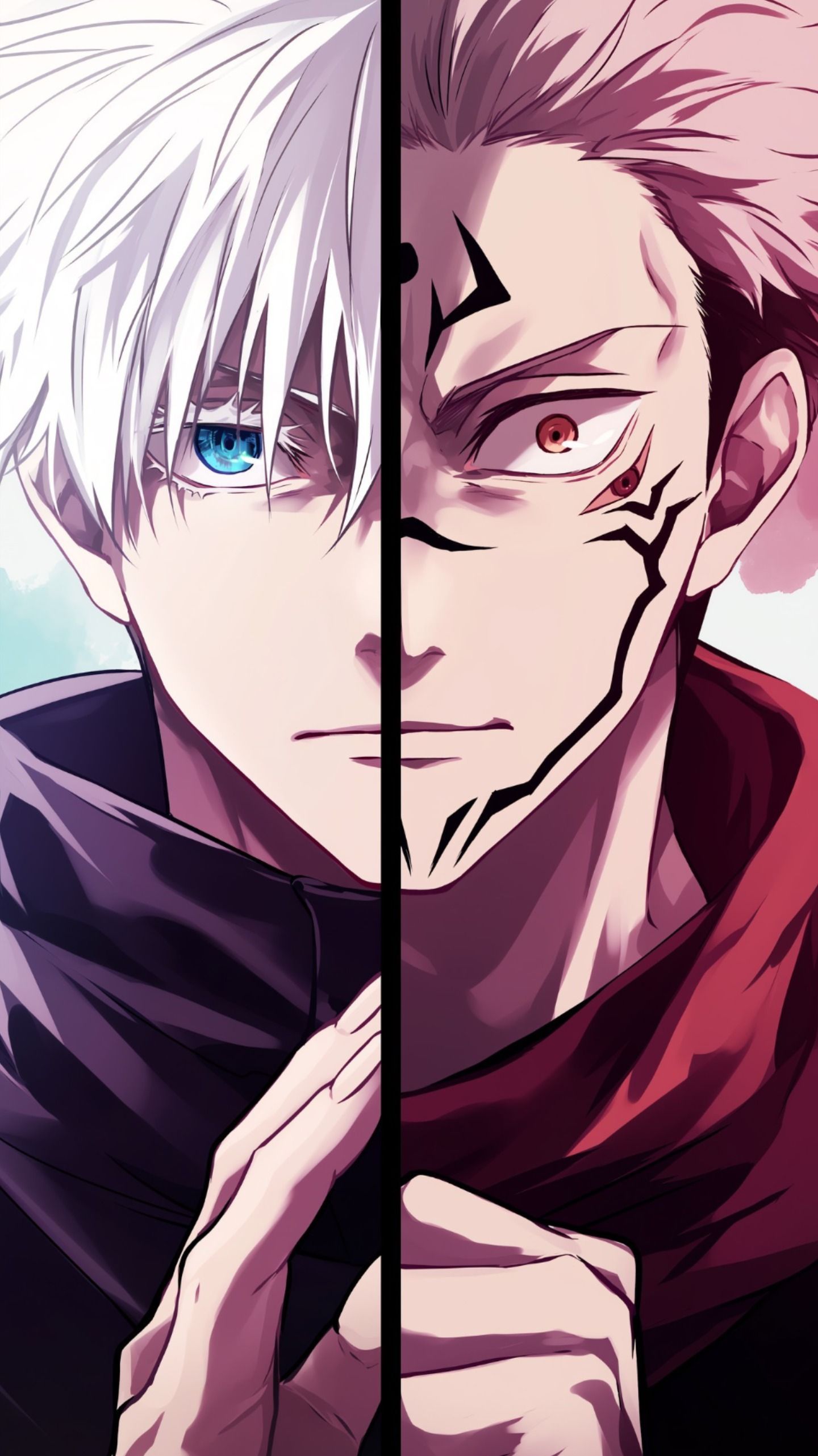 Split Portrait of Gojo and Sukuna
