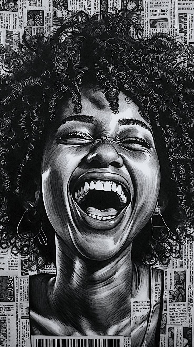 Laughing Woman Portrait on Newspaper Background
