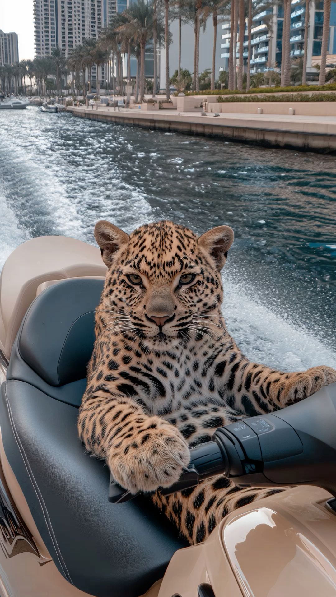 Leopard Driving Jet Ski on Urban Waterway