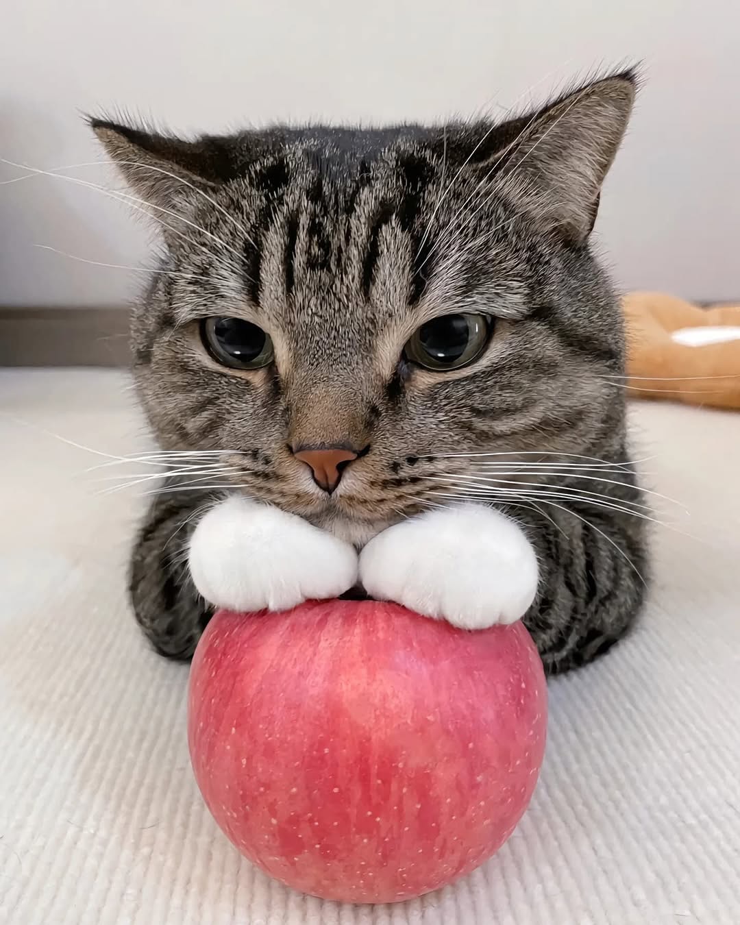 Tabby Cat Resting Paws On Red Apple