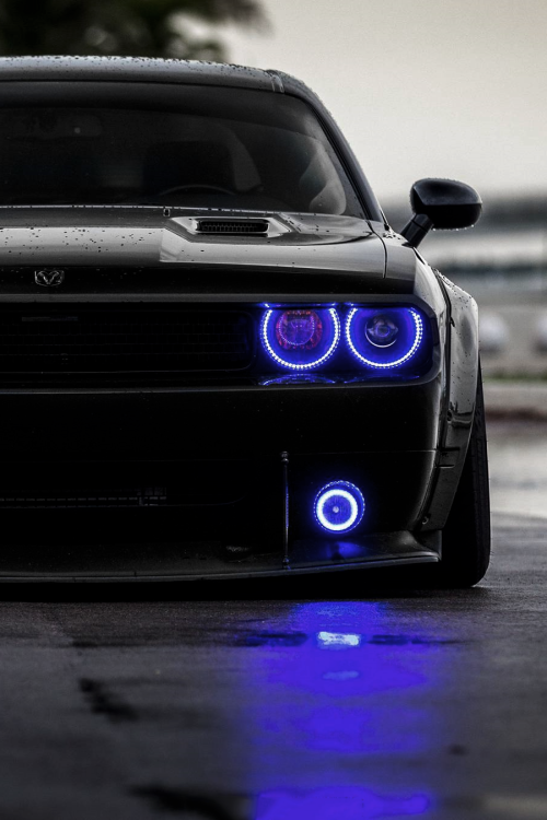 Modified Black Challenger With Blue Halo Headlights